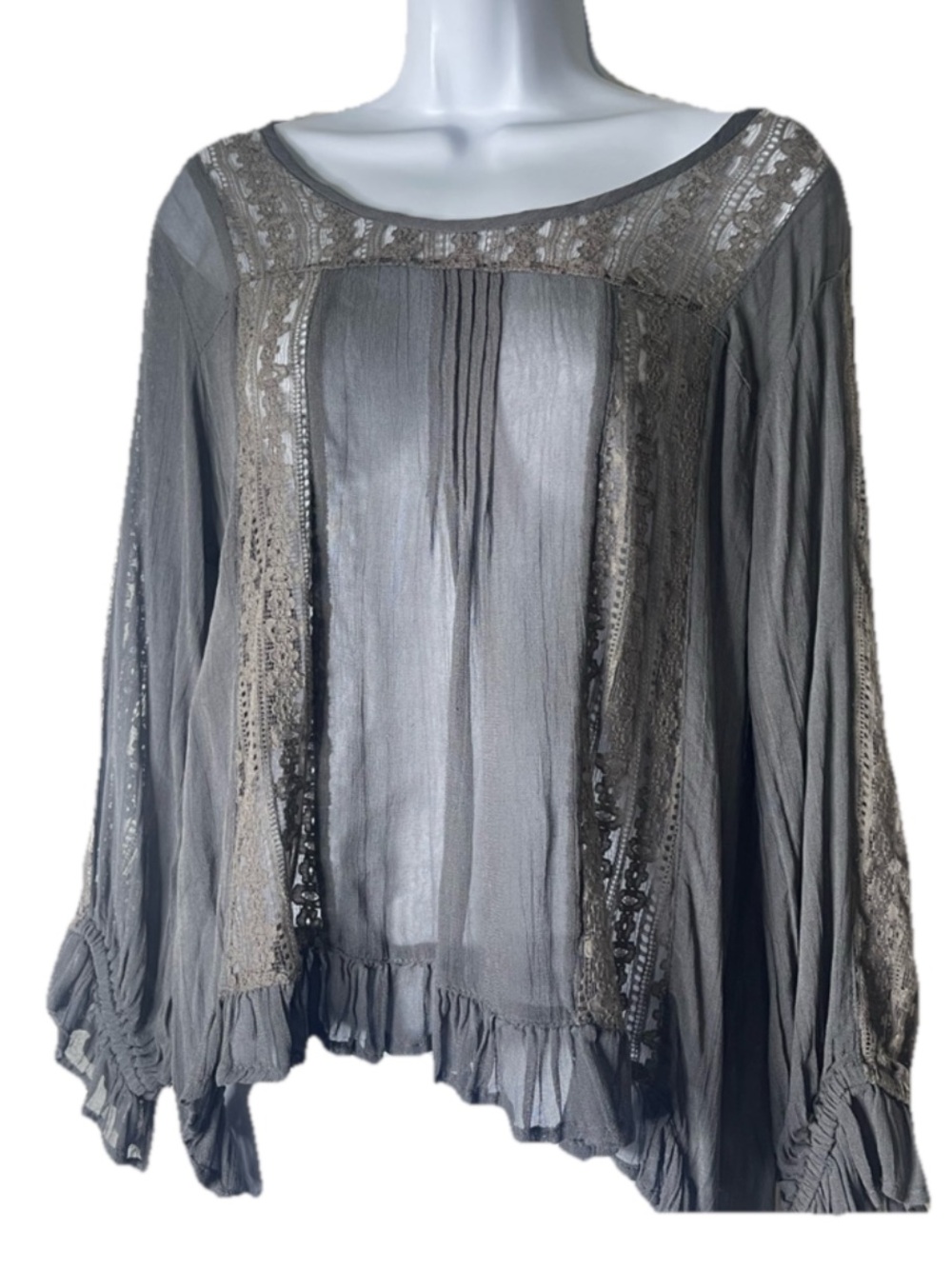 World Market Gray Boho Lace Inset Peasant Blouse S/M